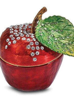 Bejeweled Crystal Pewter Enameled Red Delicious Apple Trinket Box w Pendant Gift